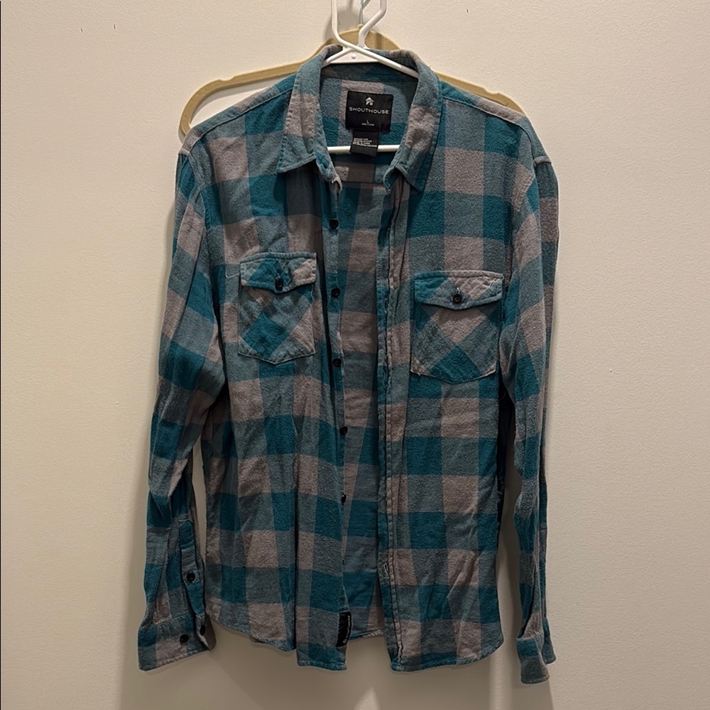 Teal and Gray Plaid Button-Up Shirt